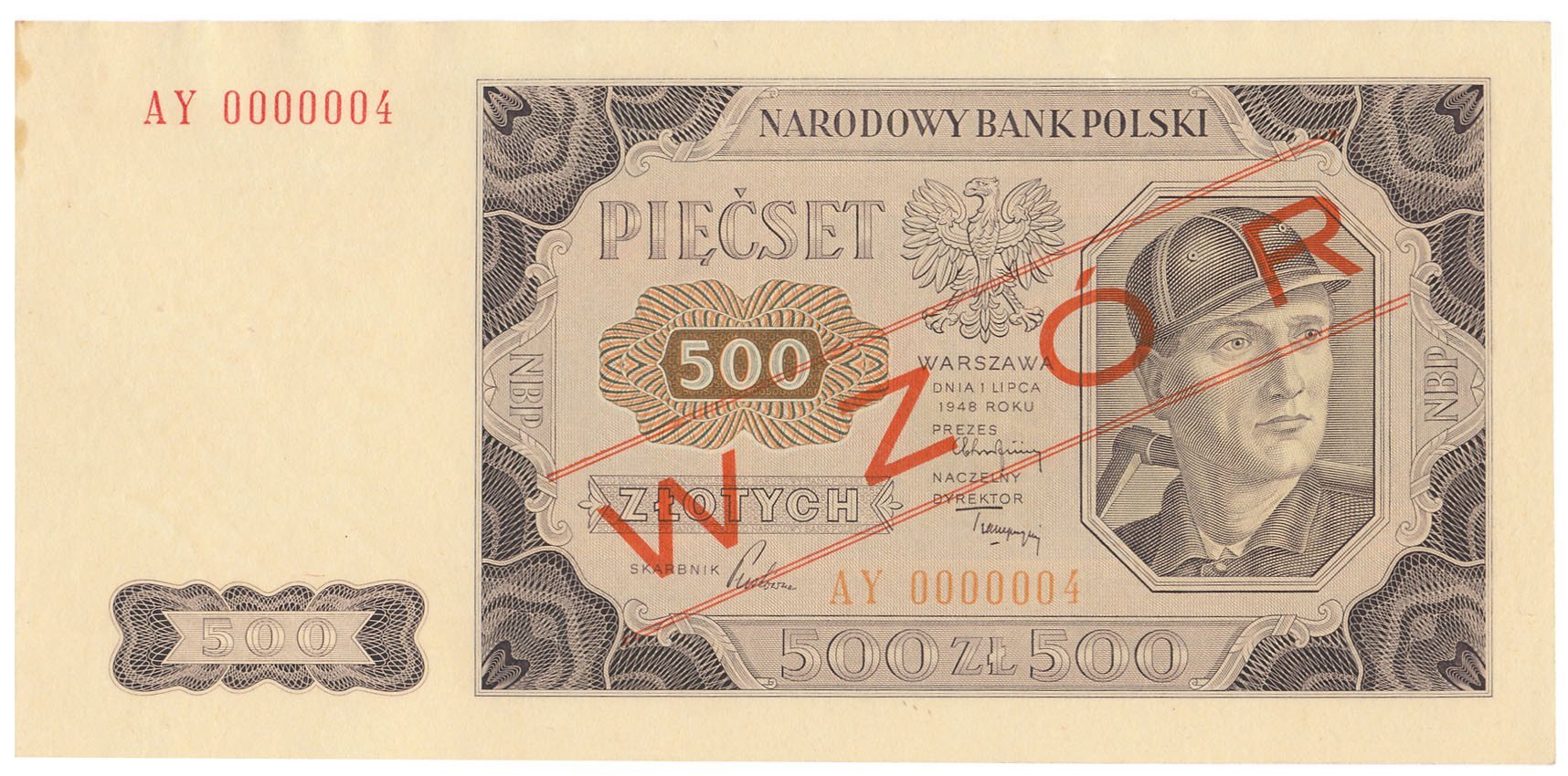 Banknot. WZÓR 500 złotych 1948 seria AY